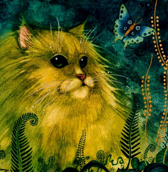 Green Cat fine art print from the original acrylic painting by Liza Paizis