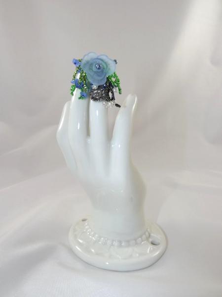 R-2 Blue Beaded Ring w/Blue Flower