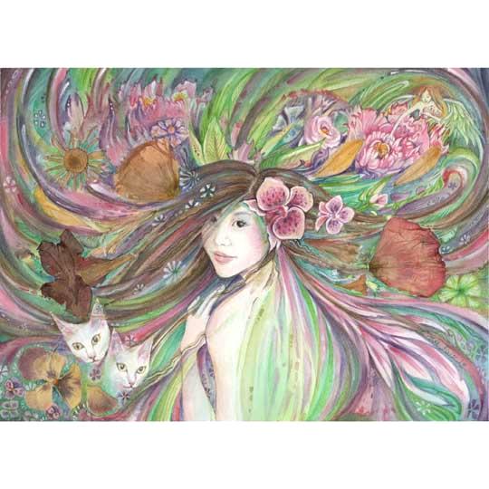 Spring Queen flower goddess art print with cats