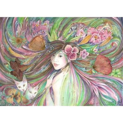 Spring Queen flower goddess art print with cats