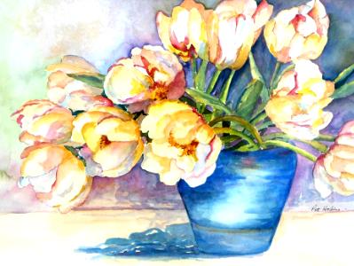 tulips in blue bowl -