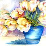 tulips in blue bowl -