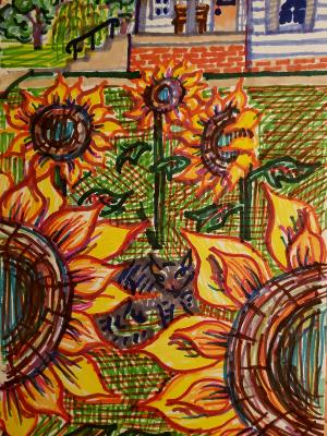 Sunflowers and a Tabby Sunflowers and a Tabby