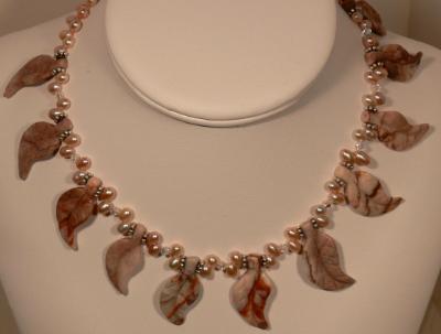 Carved leaf and freshwater pearl necklace