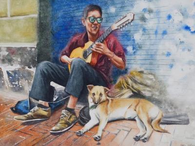 Portrait of a street guitarist, 35cm x 50cm, 2019