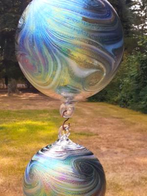 #07302514 Three Hanging Ball Sculpture Starry Night Design Iridised Lg-7'' Med-6'' Sm-4.5'' Long-25'' $200.00 #07302514 Three Hanging Ball Sculpture Starry Night Design Iridised Lg-7'' Med-6'' Sm-4.5'' Long-25'' $200.00