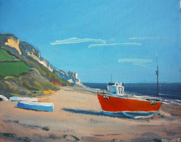 Orange boat on Branscombe beach, East Devon