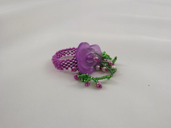 R-11 Purple Beaded Ring w/Purple Flower