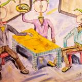 In the Crooked Cafe, there sits a broken table and two chairs, on which, two apple heads await a night of intoxication and... 