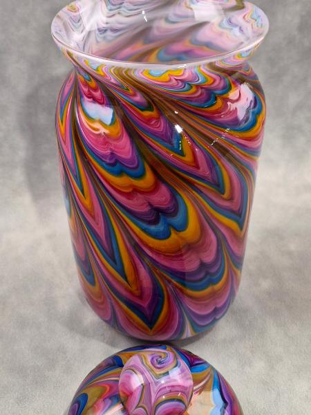 #07022609  Jar with lid Rainbow TieDie 10.5''HX4.25''W $300.00