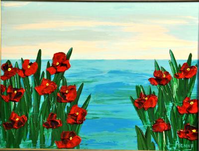 Red Flowers 18 x 24 Acrylic on Canvas board Embellished prints available Red Flowers 18 x 24 Acrylic on Canvas board Embellished prints available