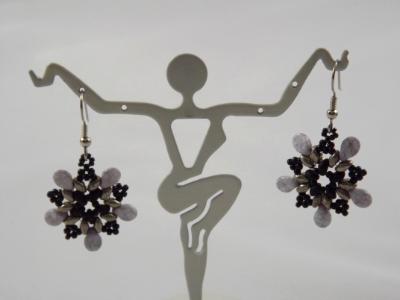 E-129 Grey & Black Flower Earrings