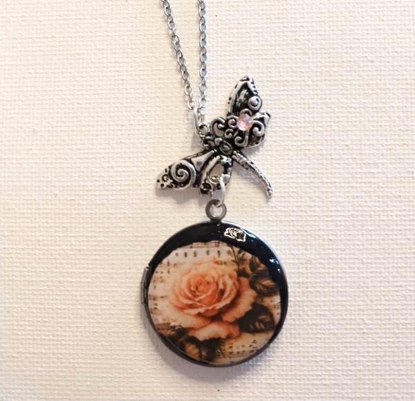 Round Dragonfly and rose  locket 