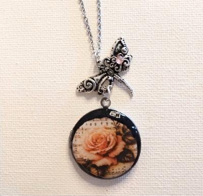 Round Dragonfly and rose  locket 