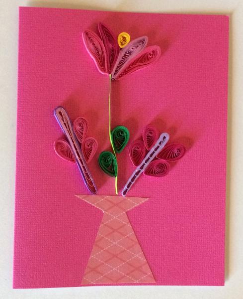 Pink Vase with flowers handmade quilling greeting card