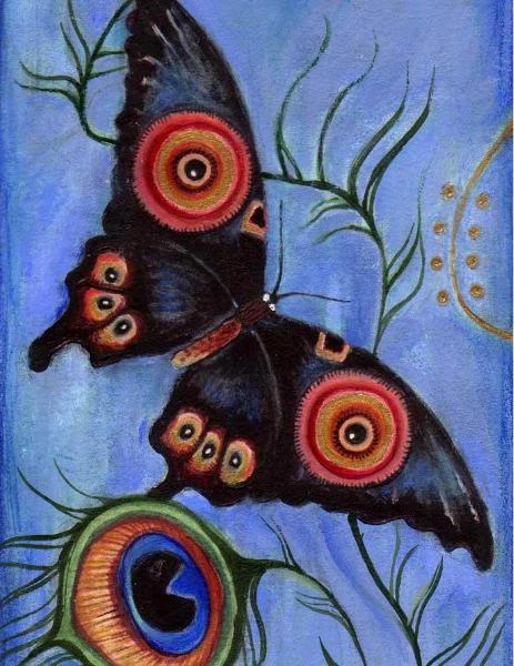 Japanese Butterflies - painting with peacock feathers