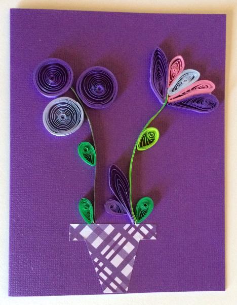 Purple vase with flowers handmade quilling greeting card.