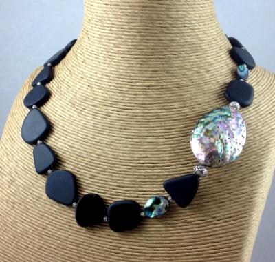Bold Black Sea Glass and Abalone Necklace Bold Black Sea Glass and Abalone Necklace