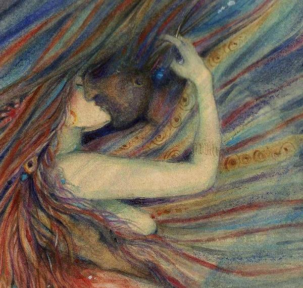 Merrow Kiss Original Watercolor Painting of a mermaid and her lover by Liza Paizis