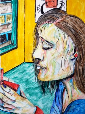 When the voices come to her in the deep night, see opens her blue box of solace that quells the voice that attempt to rip her ap When the voices come to her in the deep night, see opens her blue box of solace that quells the voice that attempt to rip her ap