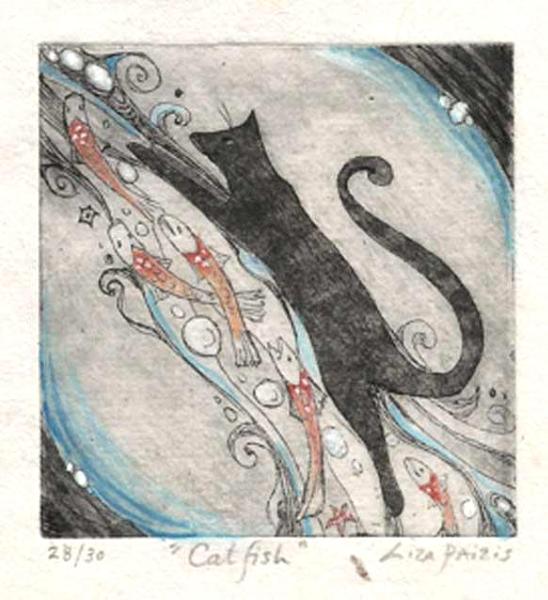 Little Cat with Fish etching hand painted limited edition cat etching