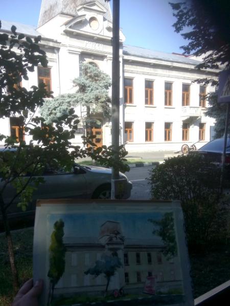 Plein air watercolor painting of the Museum Judetean Antonescu, Giurgiu-ROMANIA,, 28cm x 38cm, 2018