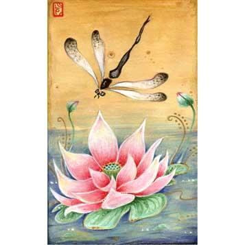 Dragonfly and Lotus Zen art print on rice paper 