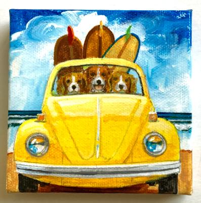 THREE SURFING BEAGLES IN A BUG THREE SURFING BEAGLES IN A BUG