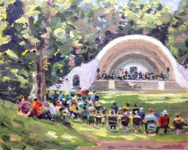 OTG7 Big Band Concert in the Bowl, Swindon Old Town Gardens, July 2014, 10x8 ins, oils.