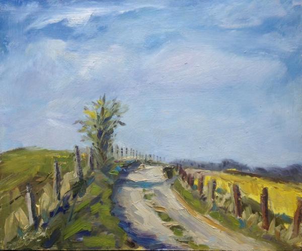 Yellow Fields behind Avebury, Wiltshire.  7x5 ins, oils, framed
