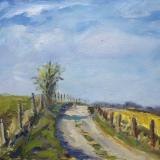 Yellow Fields behind Avebury, Wiltshire.  7x5 ins, oils, framed