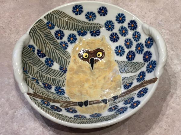 Owl with Blue Flowers Bowl with Braided Handles
