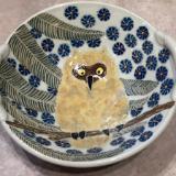 Owl with Blue Flowers Bowl with Braided Handles