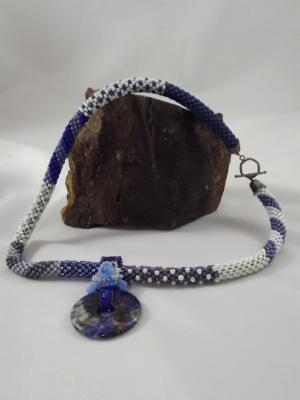Blue & White Crocheted Patchwork Necklace with Pendant