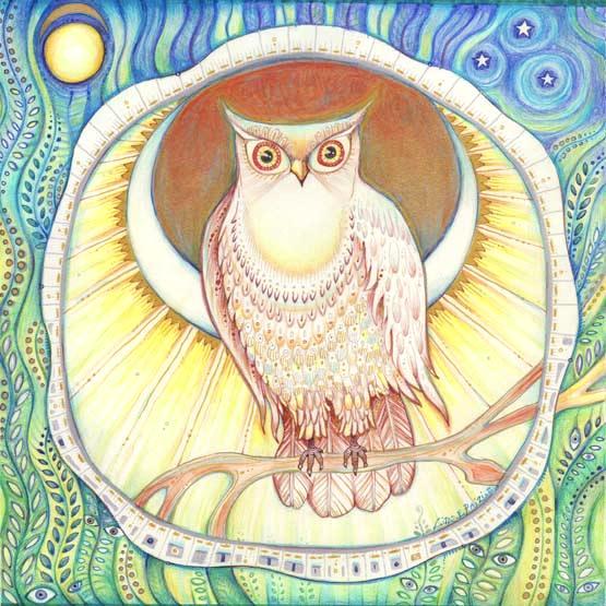Moon Owl art print from the original drawing by Liza Paizis