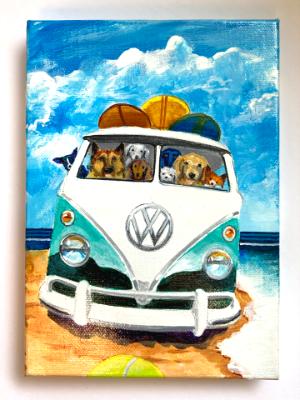 BUSLOAD OF DOGS ON THE BEACH