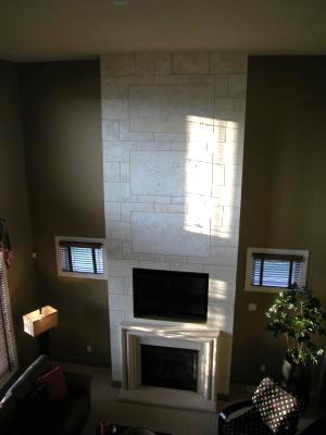Indiana Limestone faux block on 18 ft fireplace Indiana Limestone faux block on 18 ft fireplace