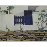 stone wall and blue gate 