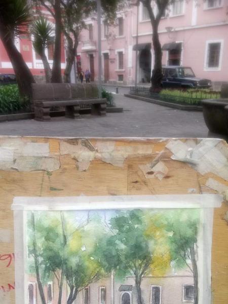 Watercolor plein air painting of San Marcos square, 30cm x 30cm, 2018