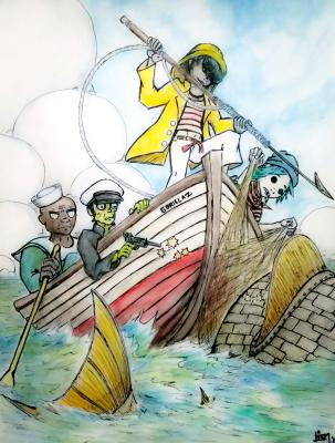 Gorillaz: Harpoons, Nets and Pistols, colored pencil on paper with Photoshop effects, 11x14. 2017. Gorillaz: Harpoons, Nets and Pistols, colored pencil on paper with Photoshop effects, 11x14. 2017.