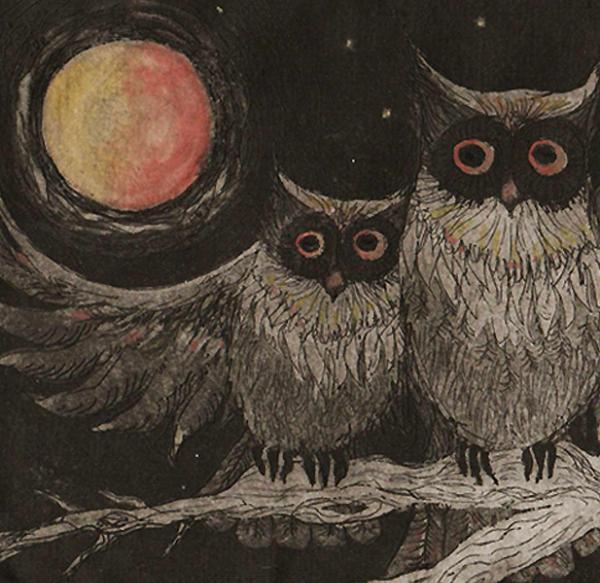 Night Owls limited edition owl etching print by Liza Paizis