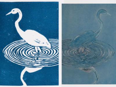 Egret with linocut block