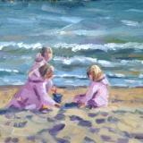 Three Little Girls on Bournemouth Beach, 7x5 ins, oils on board.