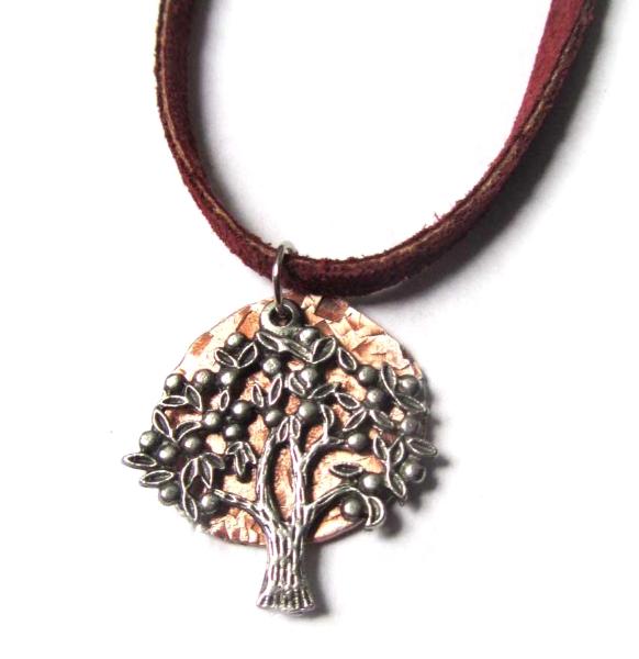 Tree of Life small pendant necklace with hammered copper on leather cord