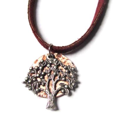 Tree of Life small pendant necklace with hammered copper on leather cord