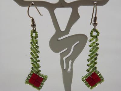 E-67 Green & Red Beaded Diamond Earrings