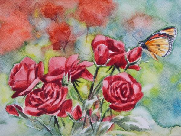 Red roses and butterfly, 35cm x 50cm, 2018