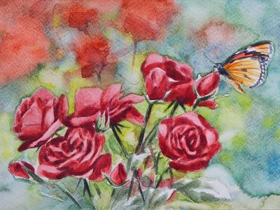 Red roses and butterfly, 35cm x 50cm, 2018