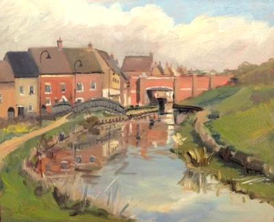 The Canal at Wichelstowe, 8x10 ins, oils on board.