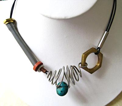Stainless Steel Swirl Necklace with Turquoise and Brass Stainless Steel Swirl Necklace with Turquoise and Brass
